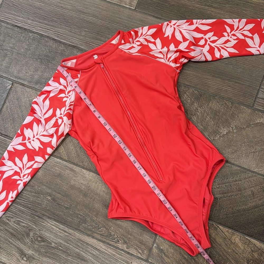 All in Motion Large Coral Red Floral Long Sleeve One Piece Rash Guard Swimsuit - Picture 10 of 11